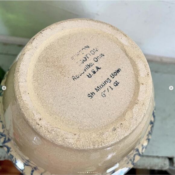 Vintage Blue Spongeware Robinson Ransbottom Roseville Ohio Spatter Bowls PAIR - Picture 6 of 10